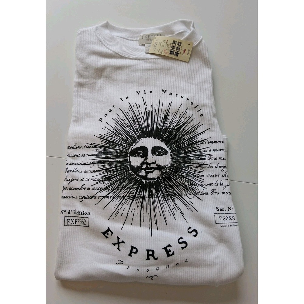 Vtg 90s Express Tricot Shirt Women's Large Graphic Sun White Ribbed NOS Tags